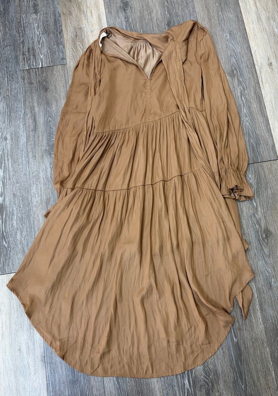 Mustard Seed Dress XS Tan High Low Tiered Boho Long Sleeve Mini